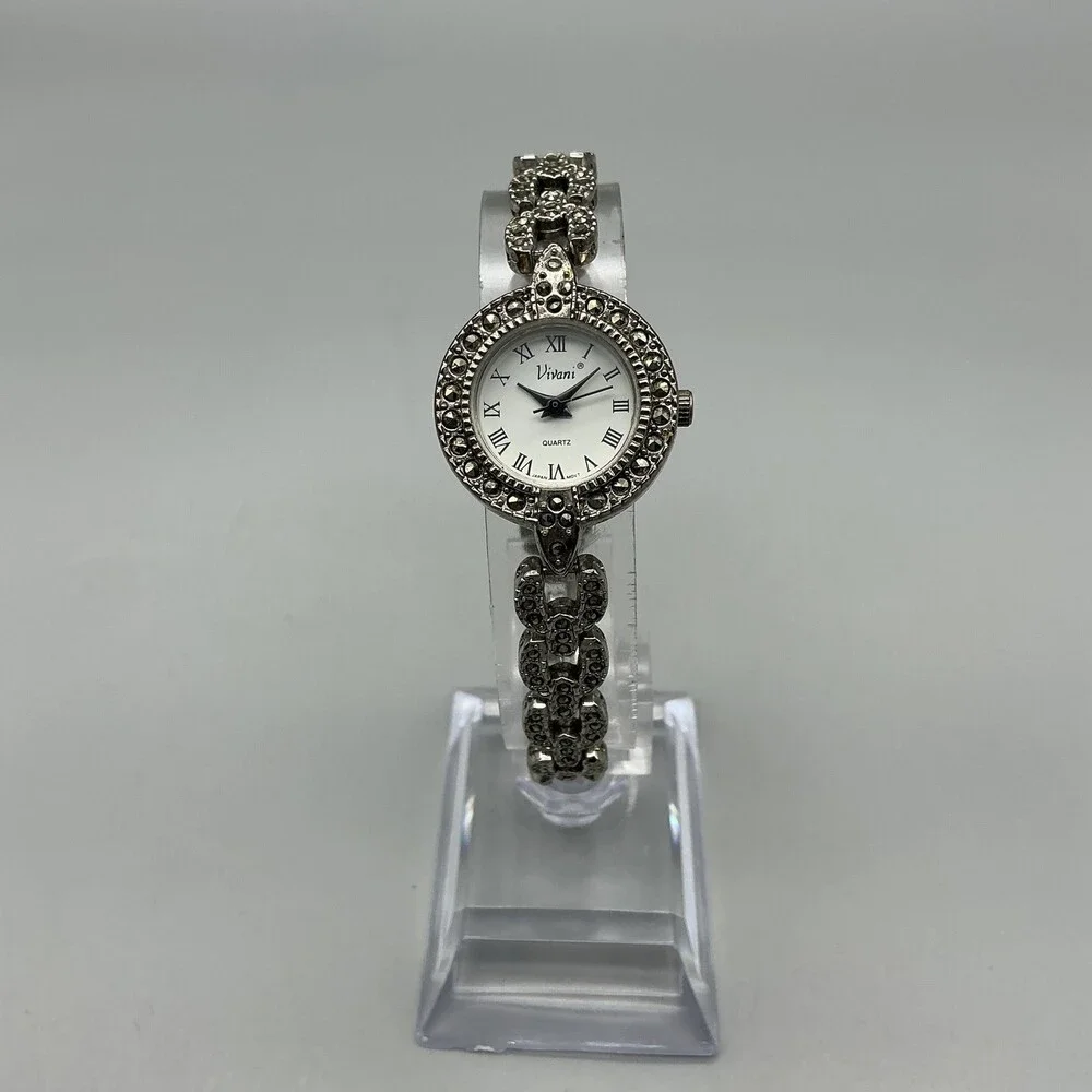 Vivani Womens Watch 23mm White Dial Silver Tone Marcasite New Battery 7